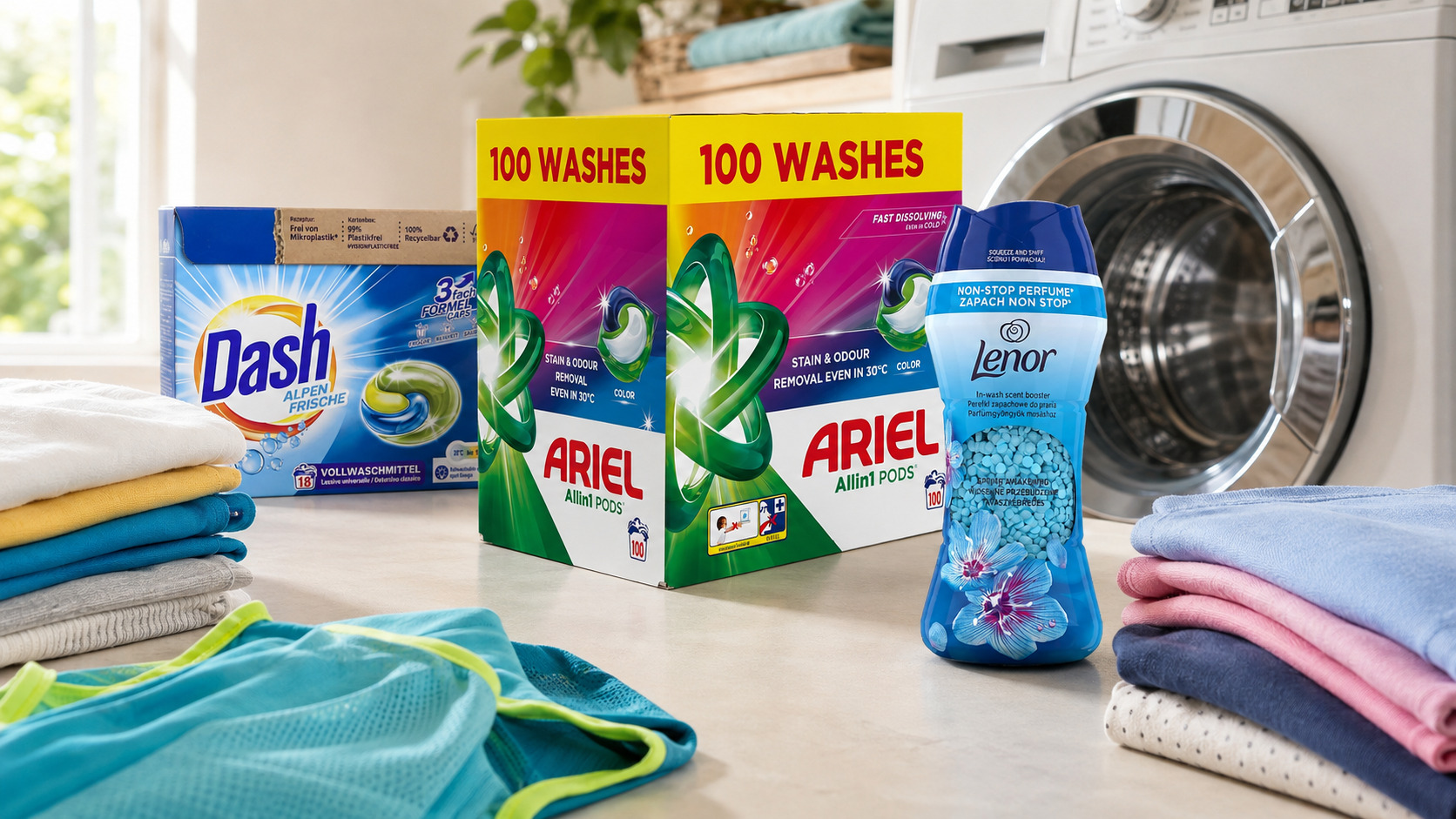 Prací kapsle na oblečení Ariel a Lenor pro snadné praní letního oblečení